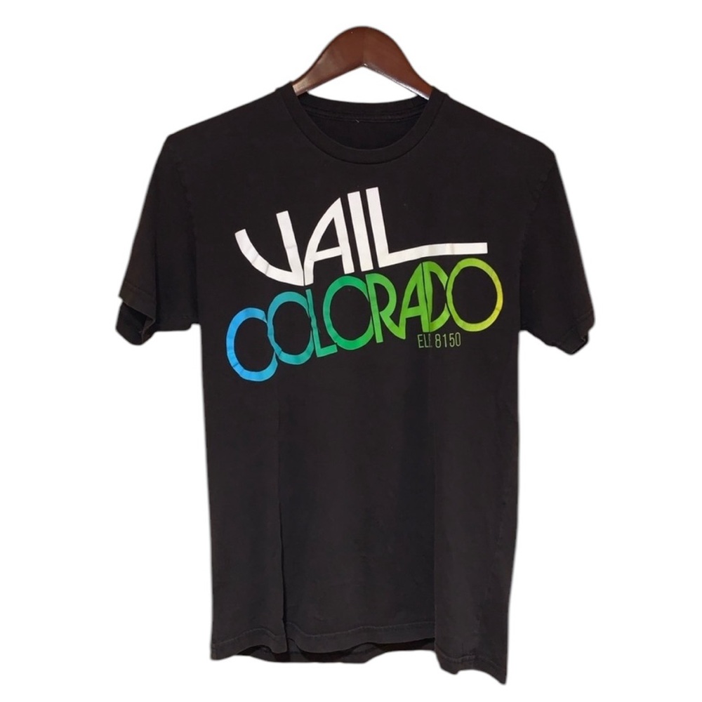 VTG 90s Black Cotton VAIL COLORADO Retro Ski Graphic Tee Shirt Small / Medium